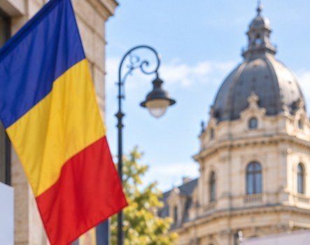 Imagine ilustrativă cu arhitectură și drapelul României